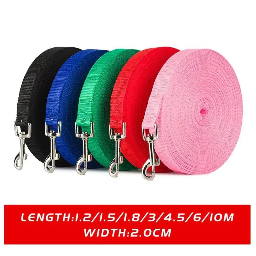 A durable, lightweight long dog training leash with a nickel-plated clip for outdoor use.