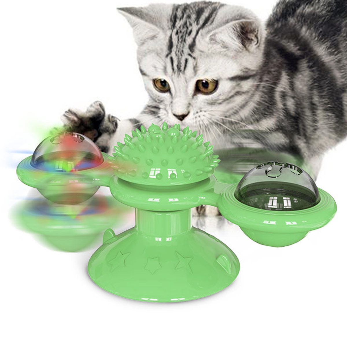 Windmill Rotating Suction Cup Cat Toy with Catnip & LED Light
