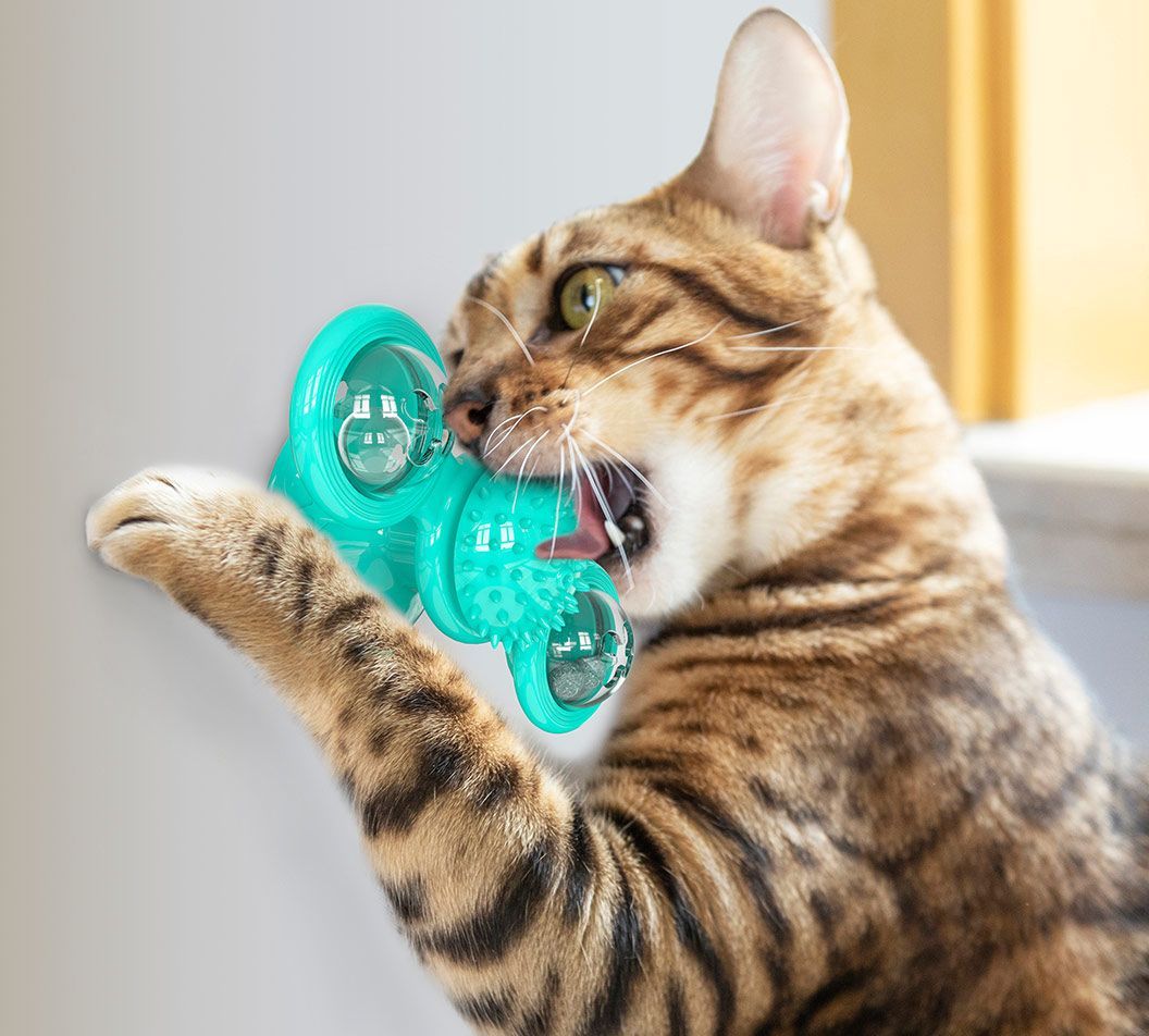 Windmill Rotating Suction Cup Cat Toy with Catnip & LED Light