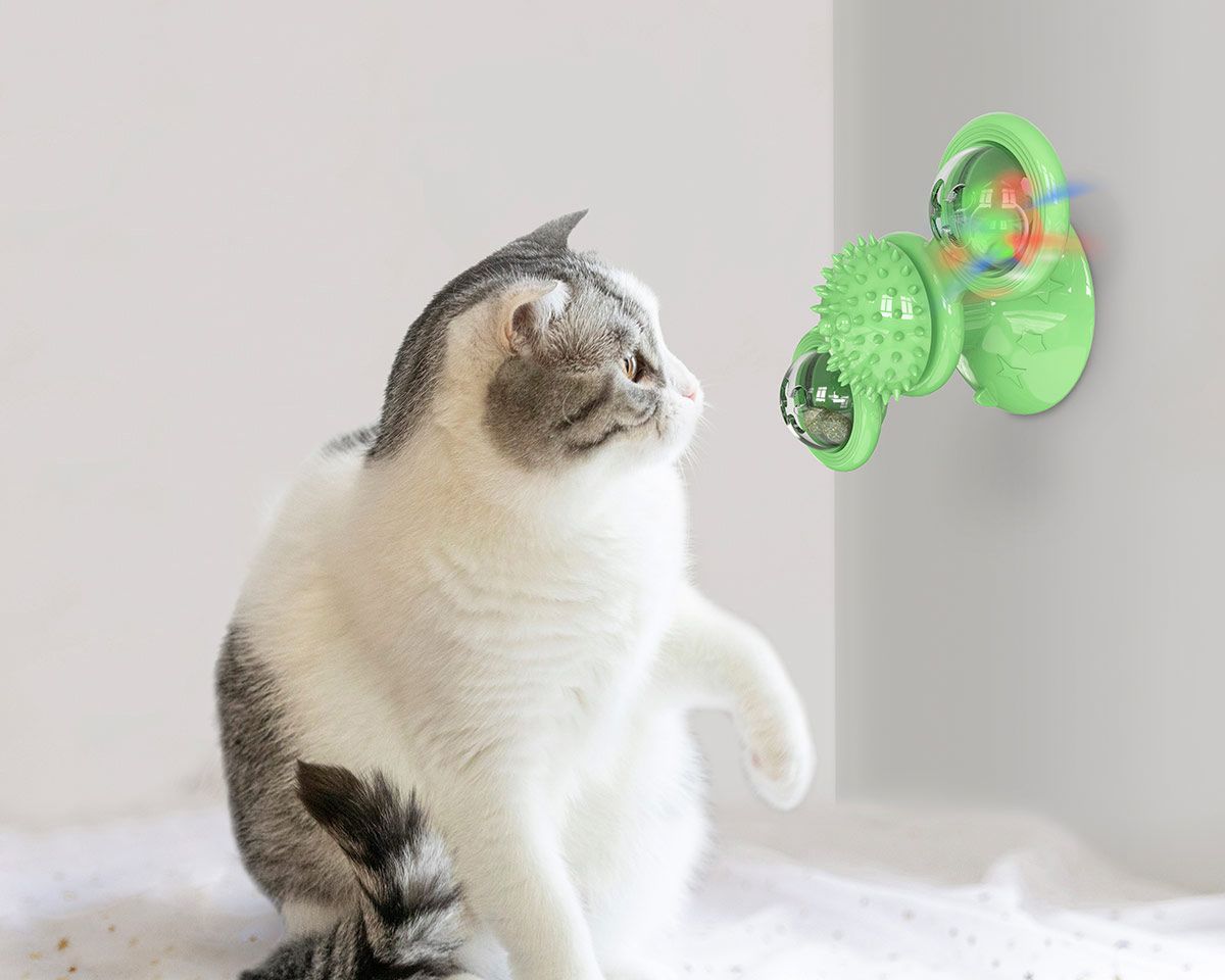 Windmill Rotating Suction Cup Cat Toy with Catnip & LED Light