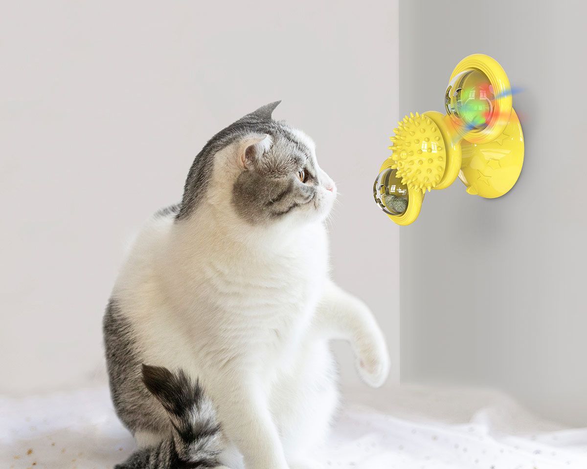 Windmill Rotating Suction Cup Cat Toy with Catnip & LED Light