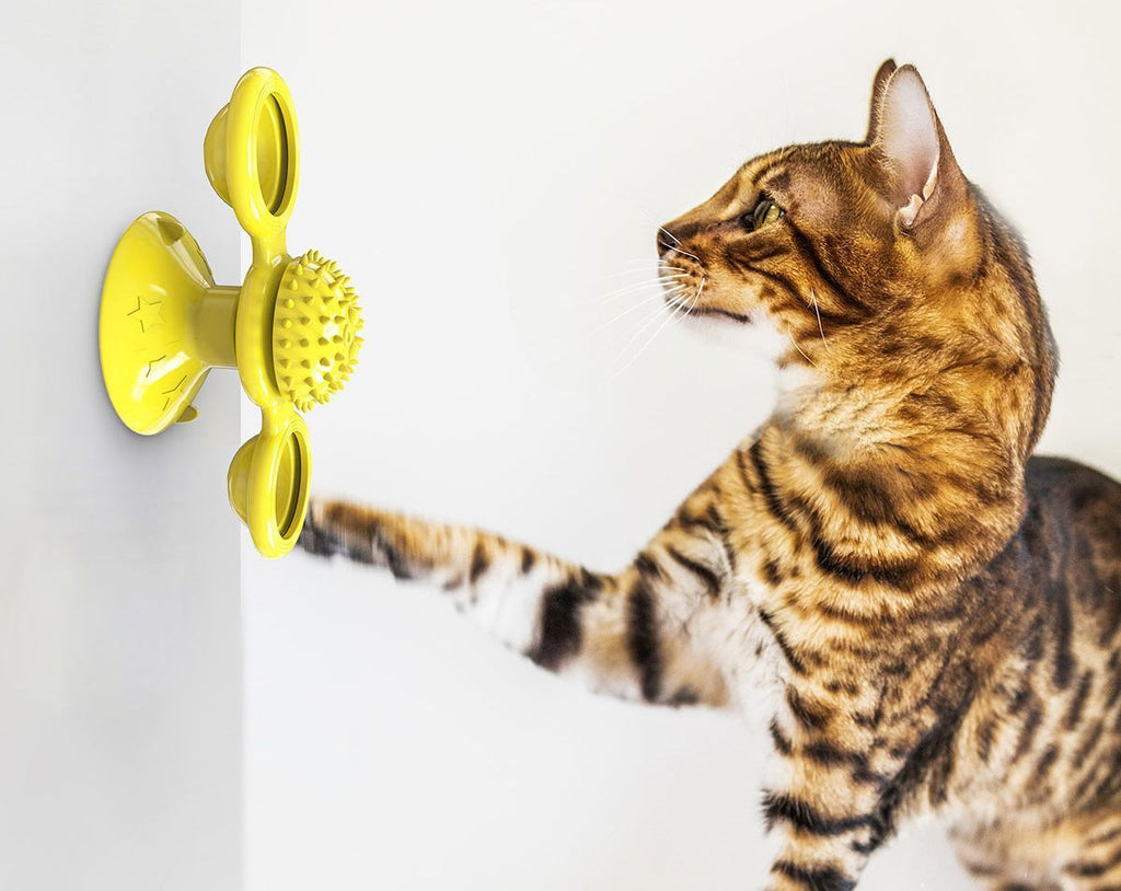 Windmill Rotating Suction Cup Cat Toy with Catnip & LED Light