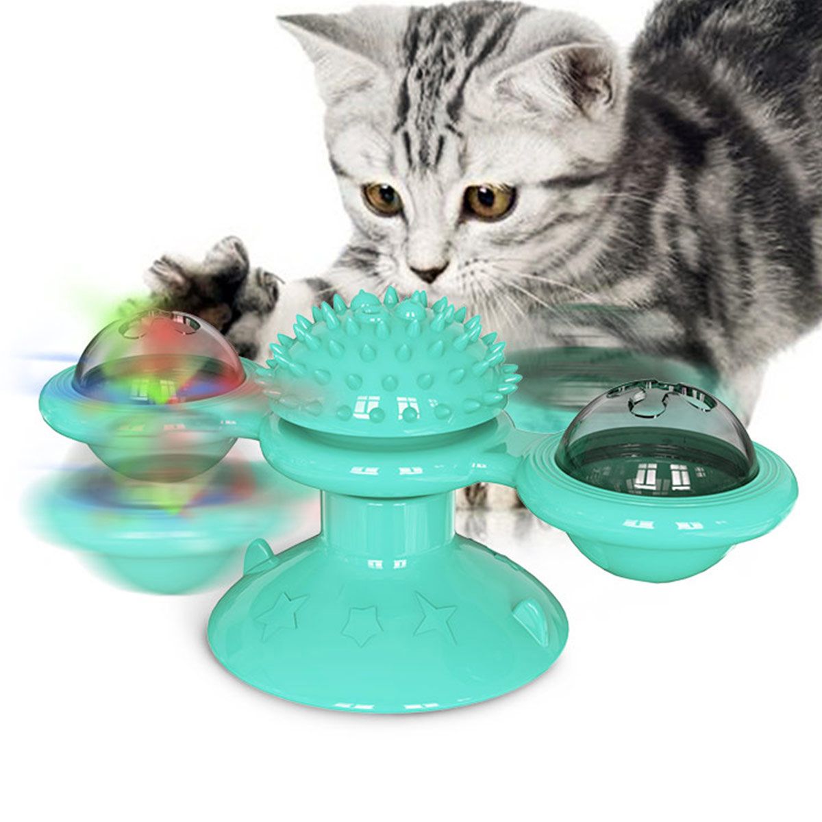 Windmill Rotating Suction Cup Cat Toy with Catnip & LED Light