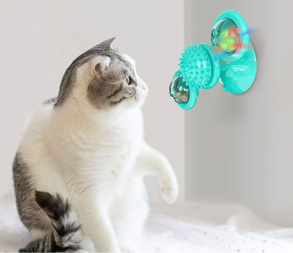Windmill Rotating Suction Cup Cat Toy with Catnip & LED Light
