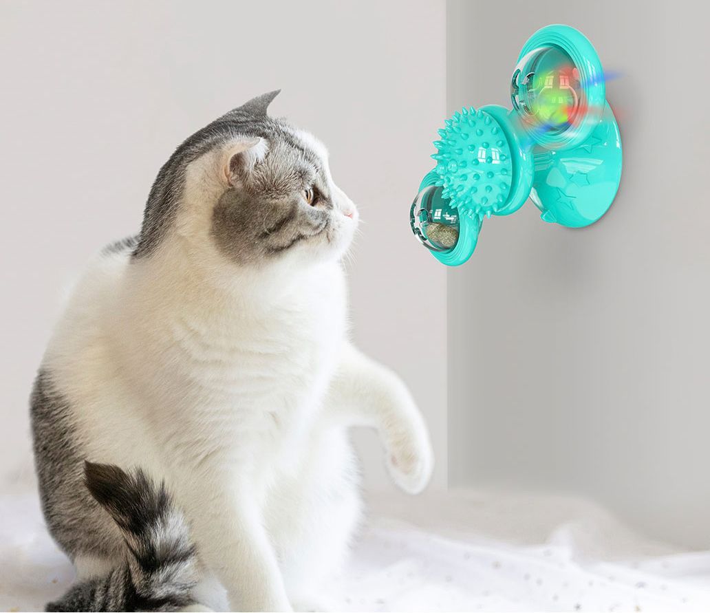 Windmill Rotating Suction Cup Cat Toy with Catnip & LED Light