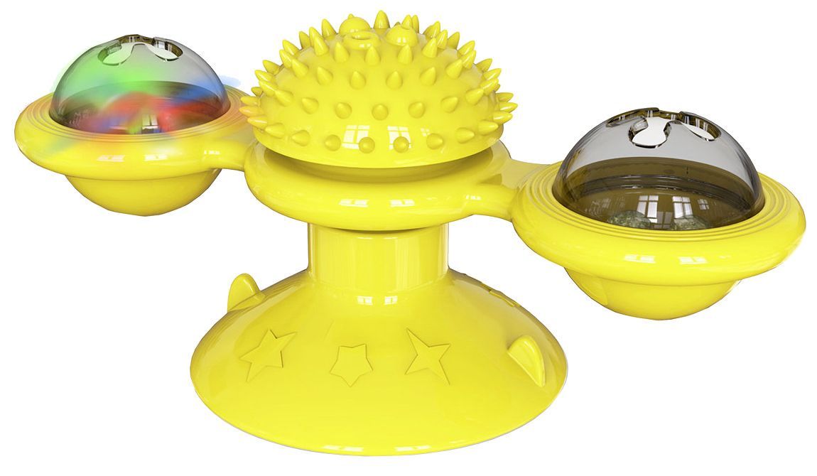 Rotating windmill cat toy with suction cup and LED lights for feline entertainment