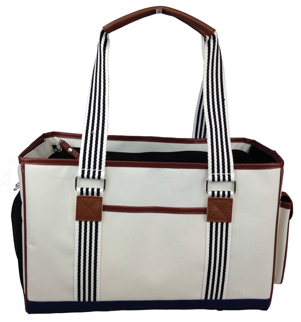 Yacht Polo Designer Travel Pet Carrier with striped shoulder straps and side storage pouch