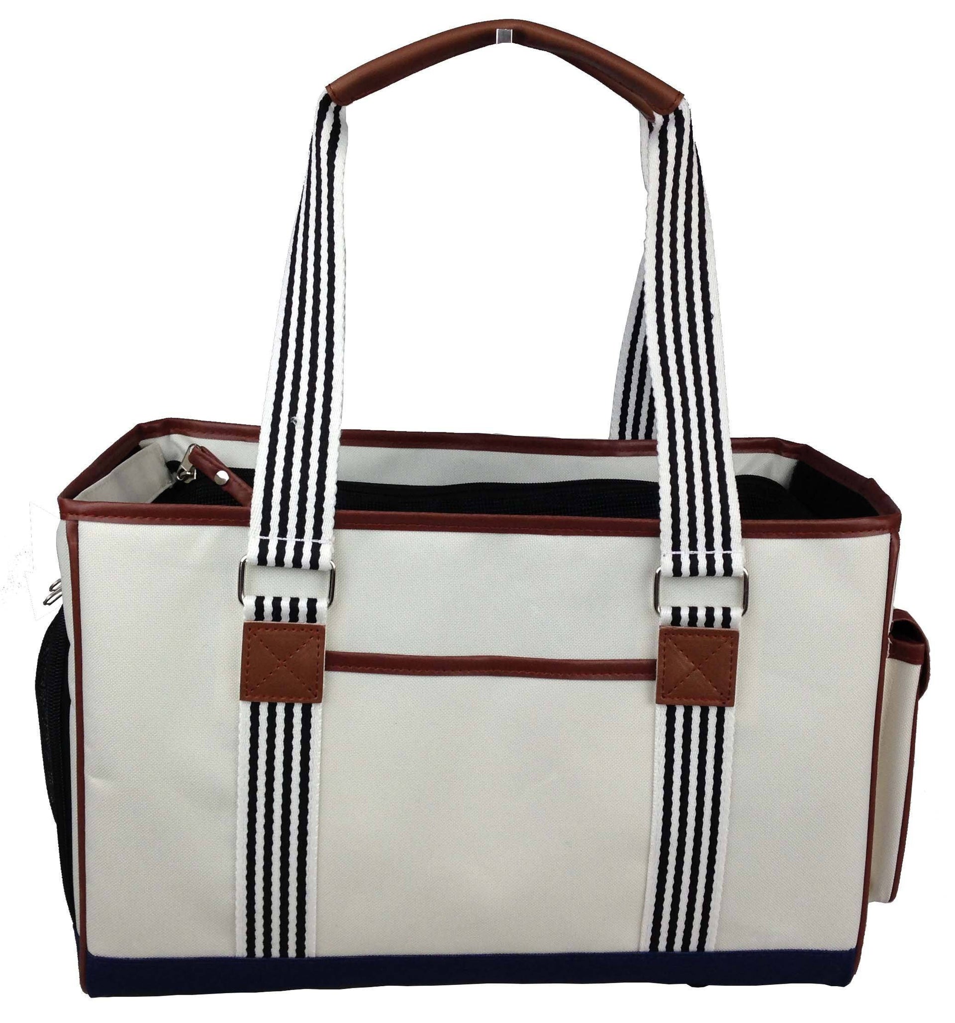 Yacht Polo Designer Travel Pet Carrier with striped shoulder straps and side storage pouch