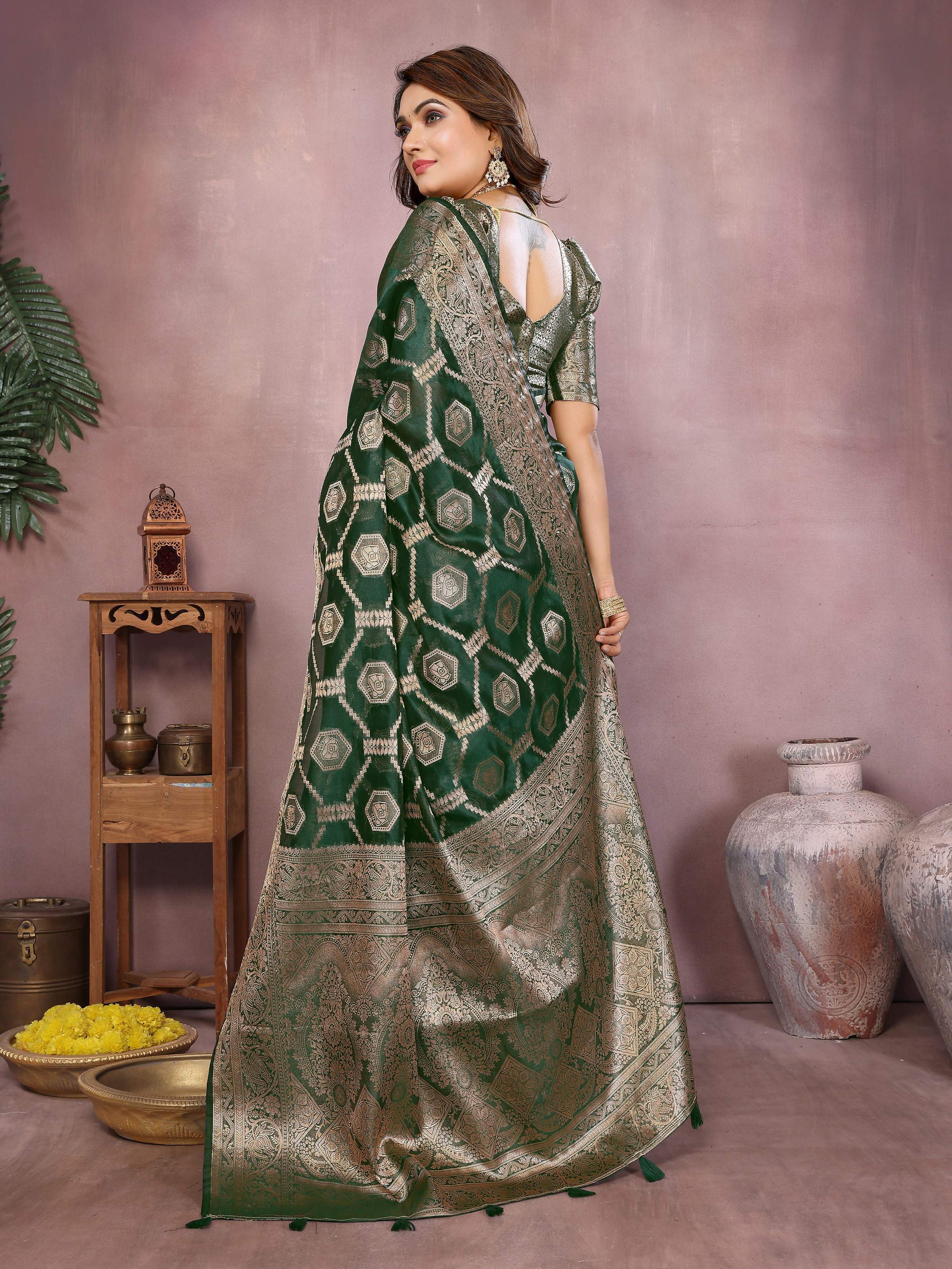 Green Soft Organza Silk Saree with Elegant Weaving