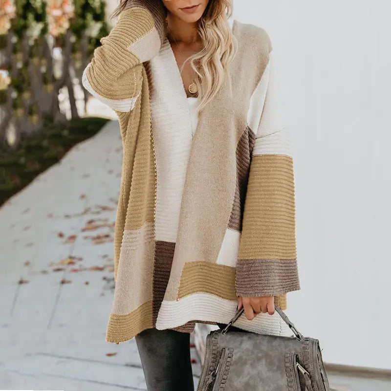 Women's Geometric Color Block Cardigan Long Sleeve Knit Sweater