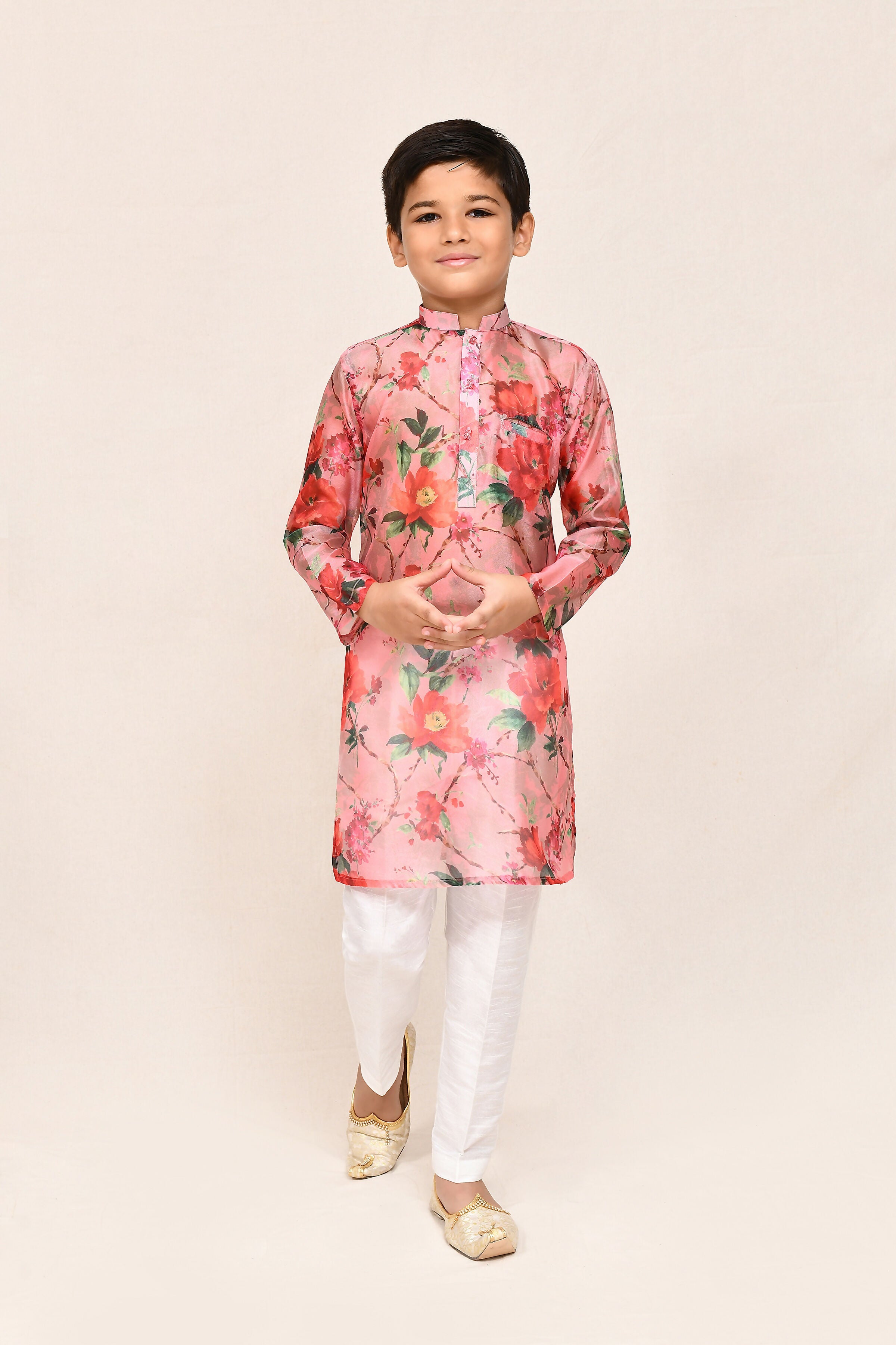 Peach Georgette Kurta Set with White Straight Fit Pants