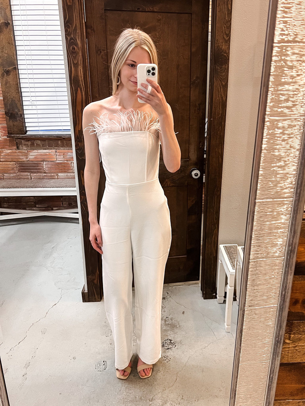 White Tube Front Feather Jumpsuit - Elegant Strapless Party Wear