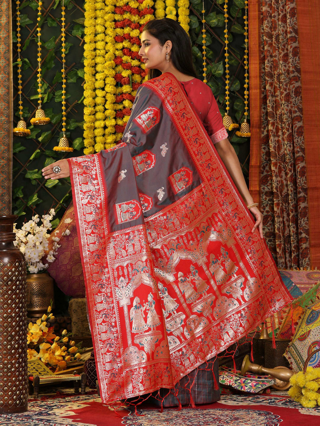 Grey Silk Saree with Contrasting Red Blouse