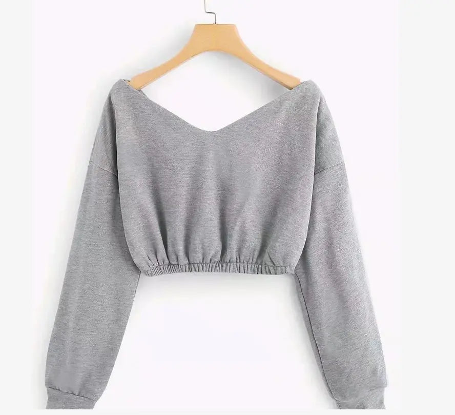 Deep V-Neck Long Sleeve Cropped Sweatshirt Top