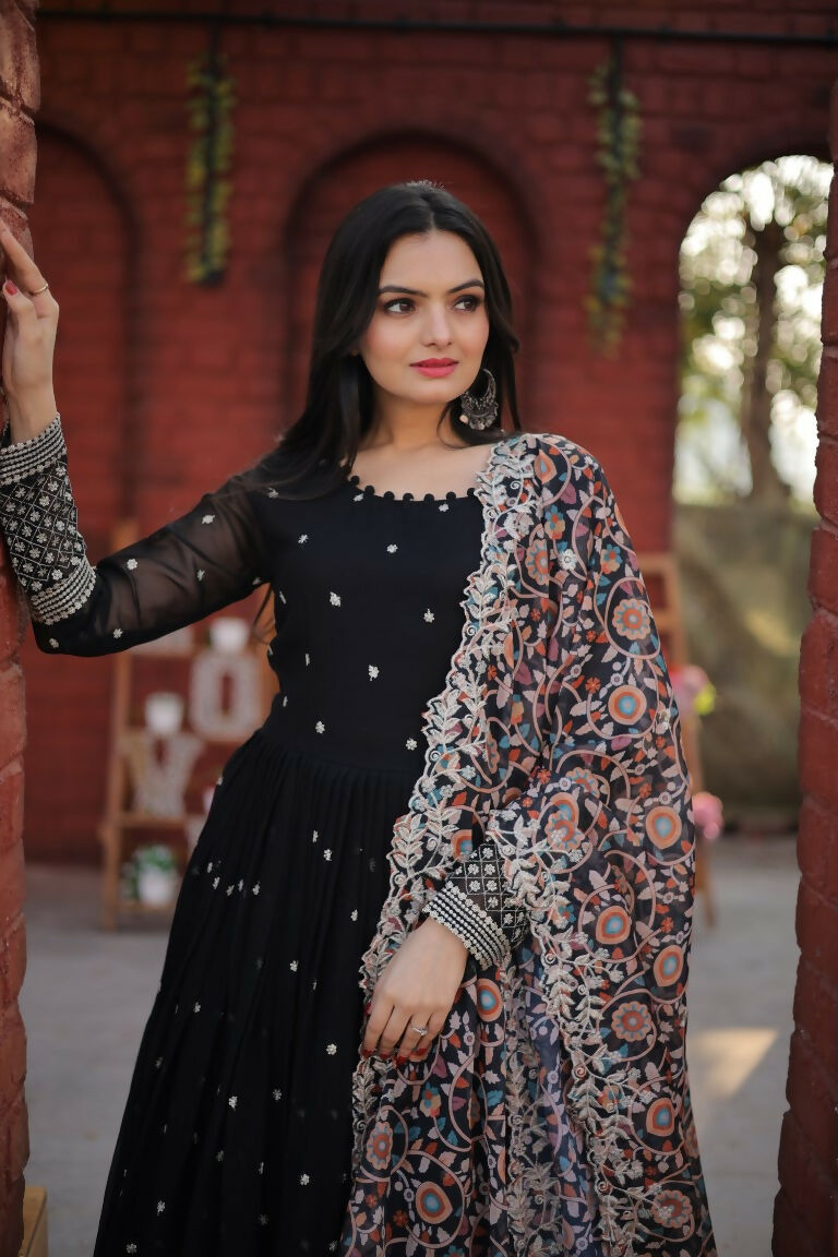 Black Faux Blooming Anarkali Dress with Zari Embroidery