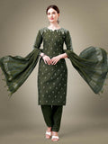 Dark Green cotton blend straight kurta with embroidery and sequence work, paired with trousers and dupatta.