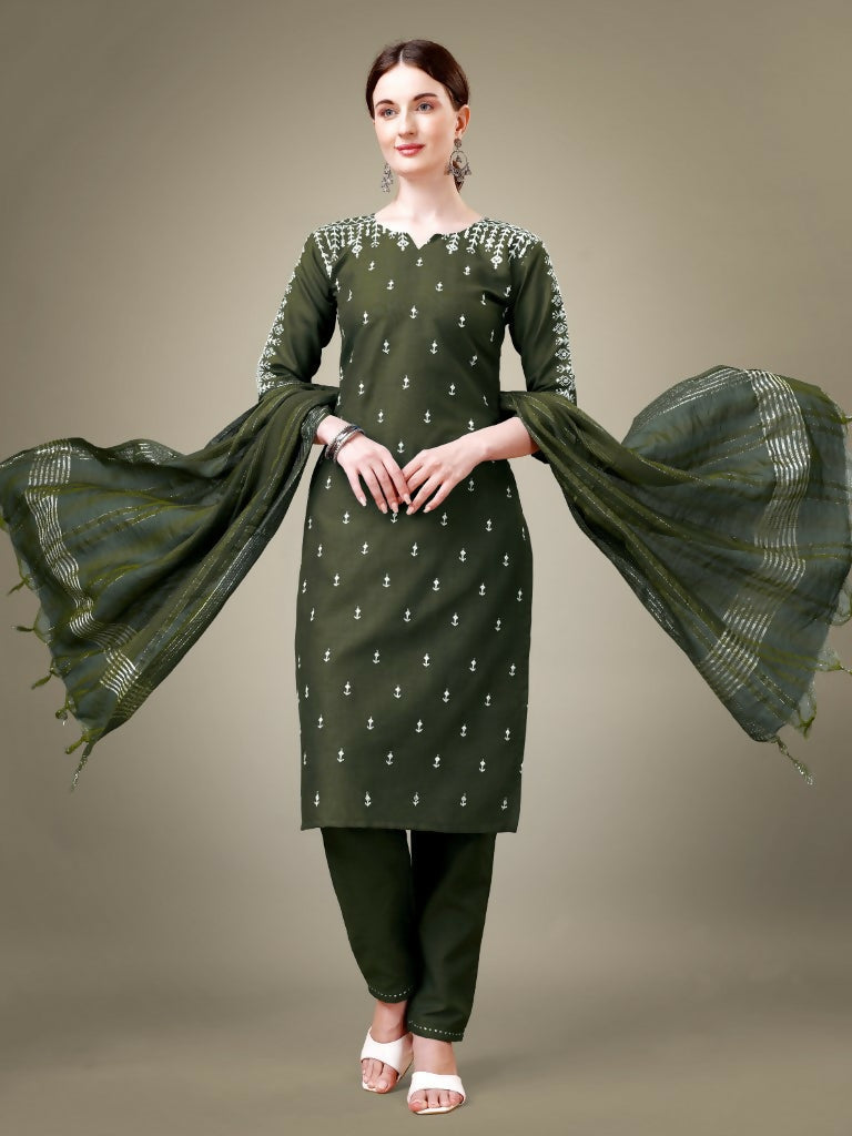 Dark Green cotton blend straight kurta with embroidery and sequence work, paired with trousers and dupatta.