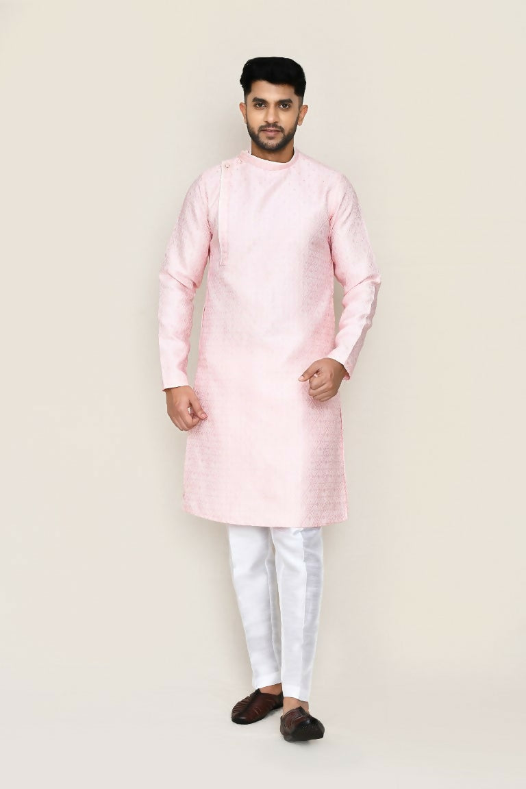 Deep red weaving silk kurta paired with matching straight fit pants for elegant festive wear.