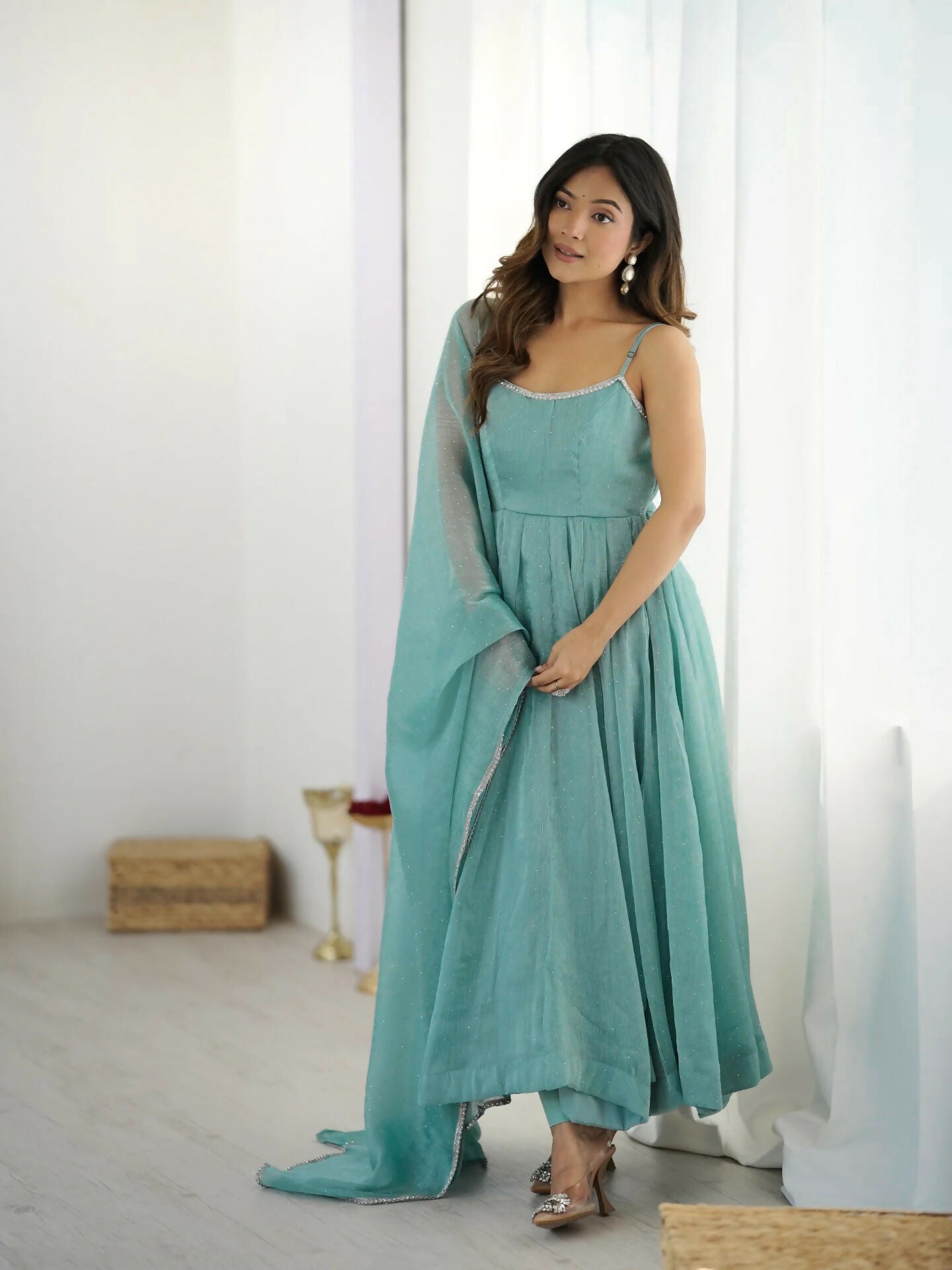 Sky Silk Kurta Set with Sequence Embroidery Work - 3 Piece Set