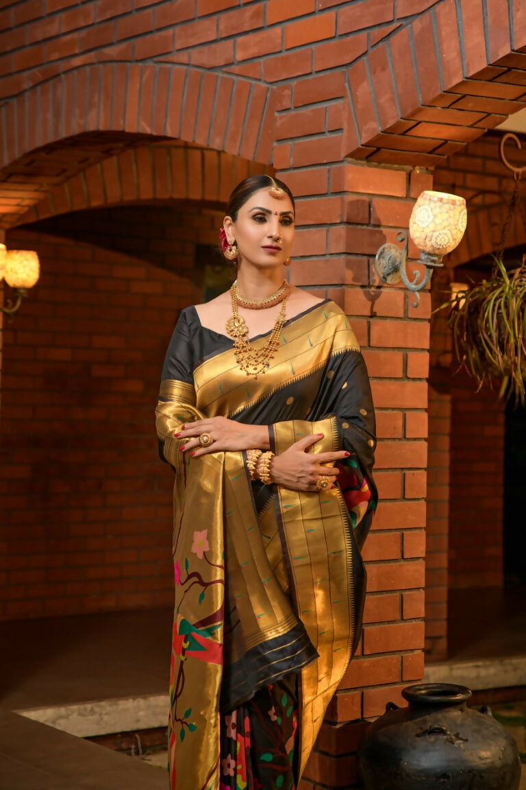 Black Paithani Silk Saree with Zari Woven Border and Blouse