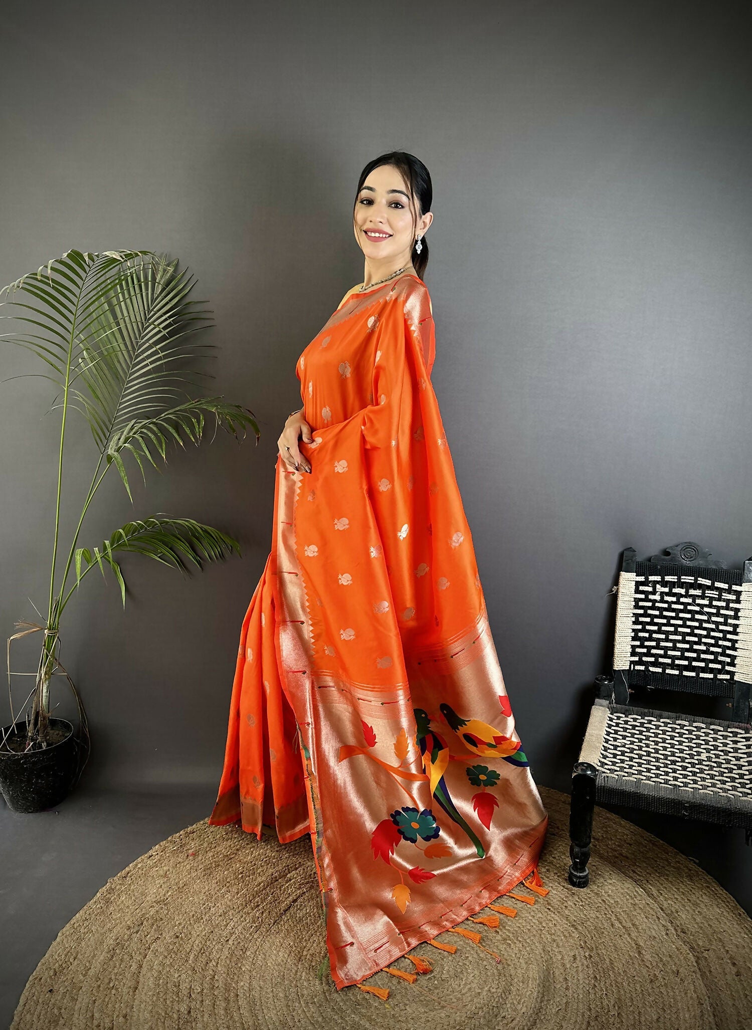 Orange Peacock & Floral Motif Soft Silk Kanchipuram Saree