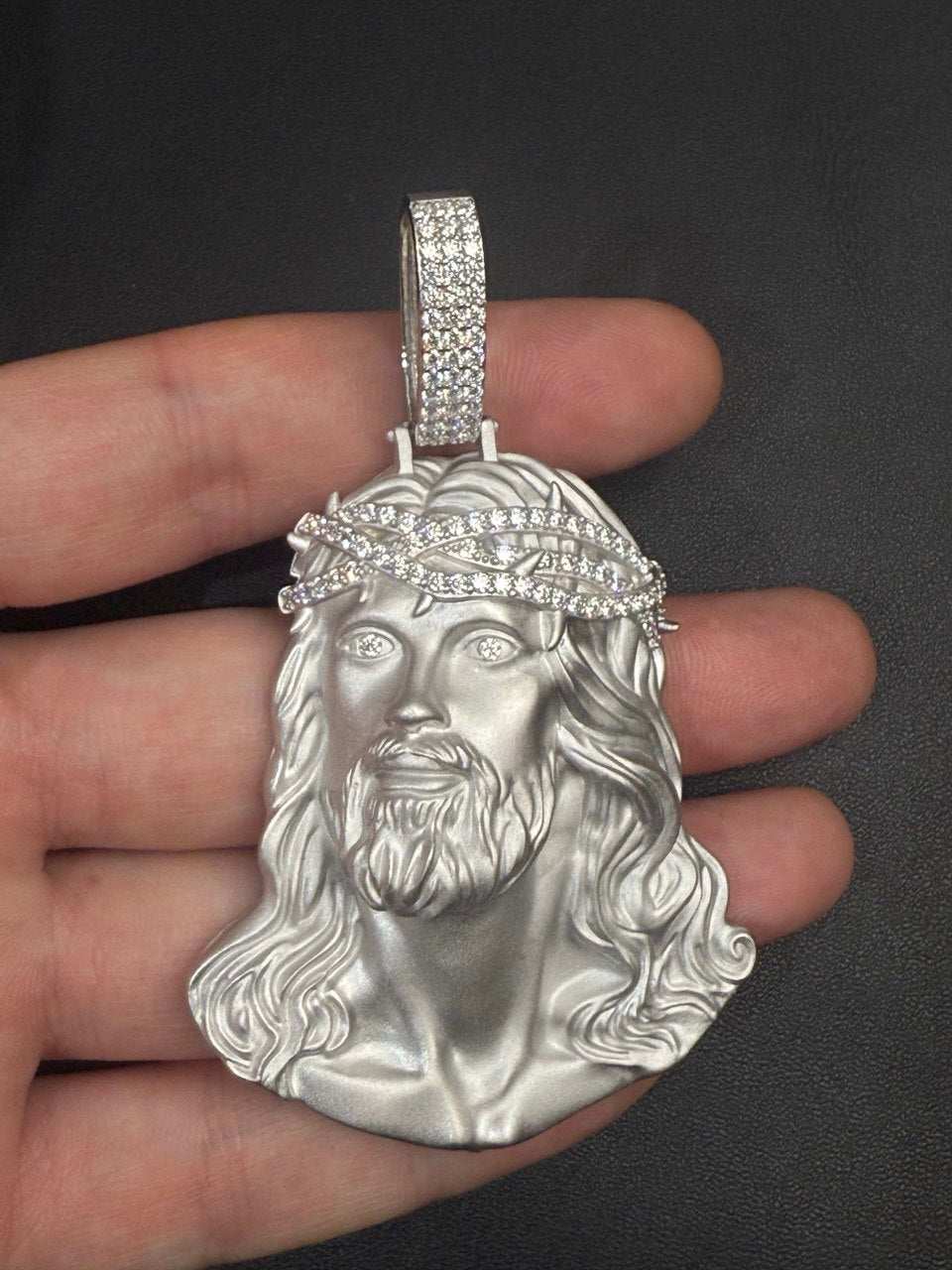 Moissanite Jesus Head Piece Pendant - Solid 925 Sterling Silver Matte Sandblasted Finish