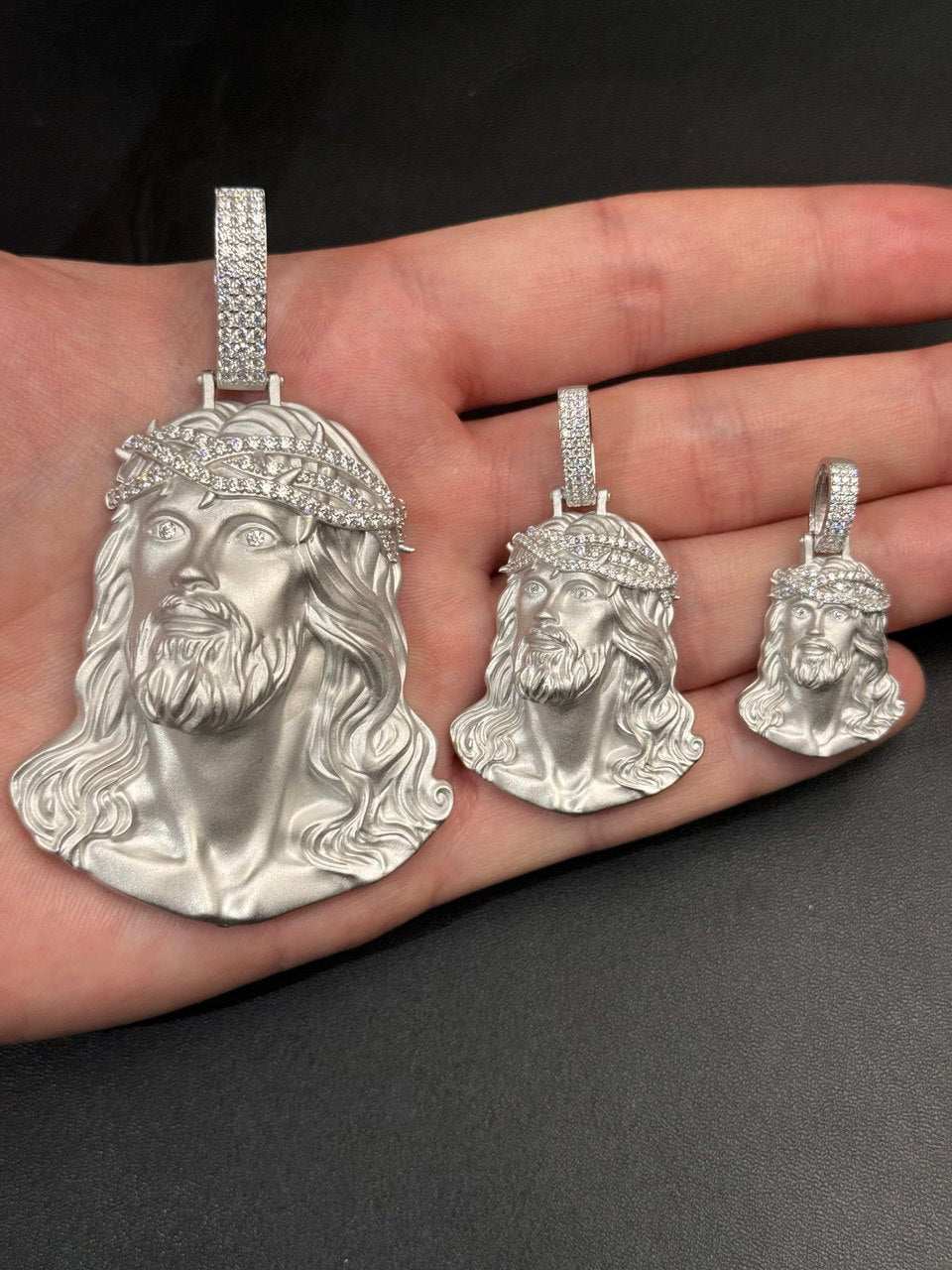 Moissanite Jesus Head Piece Pendant - Solid 925 Sterling Silver Matte Sandblasted Finish