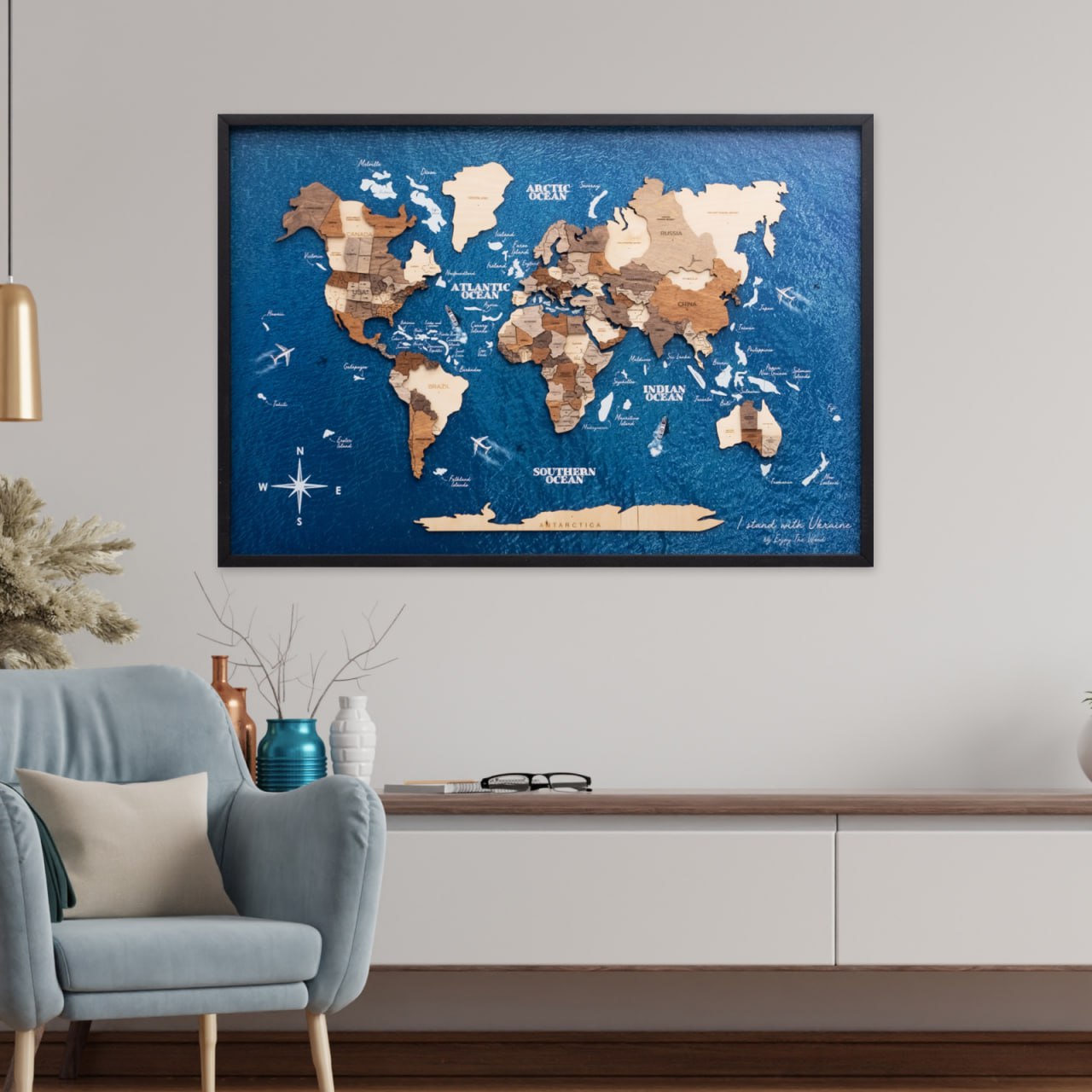 3D Wooden Panel World Map in Multicolor for Modern Homes