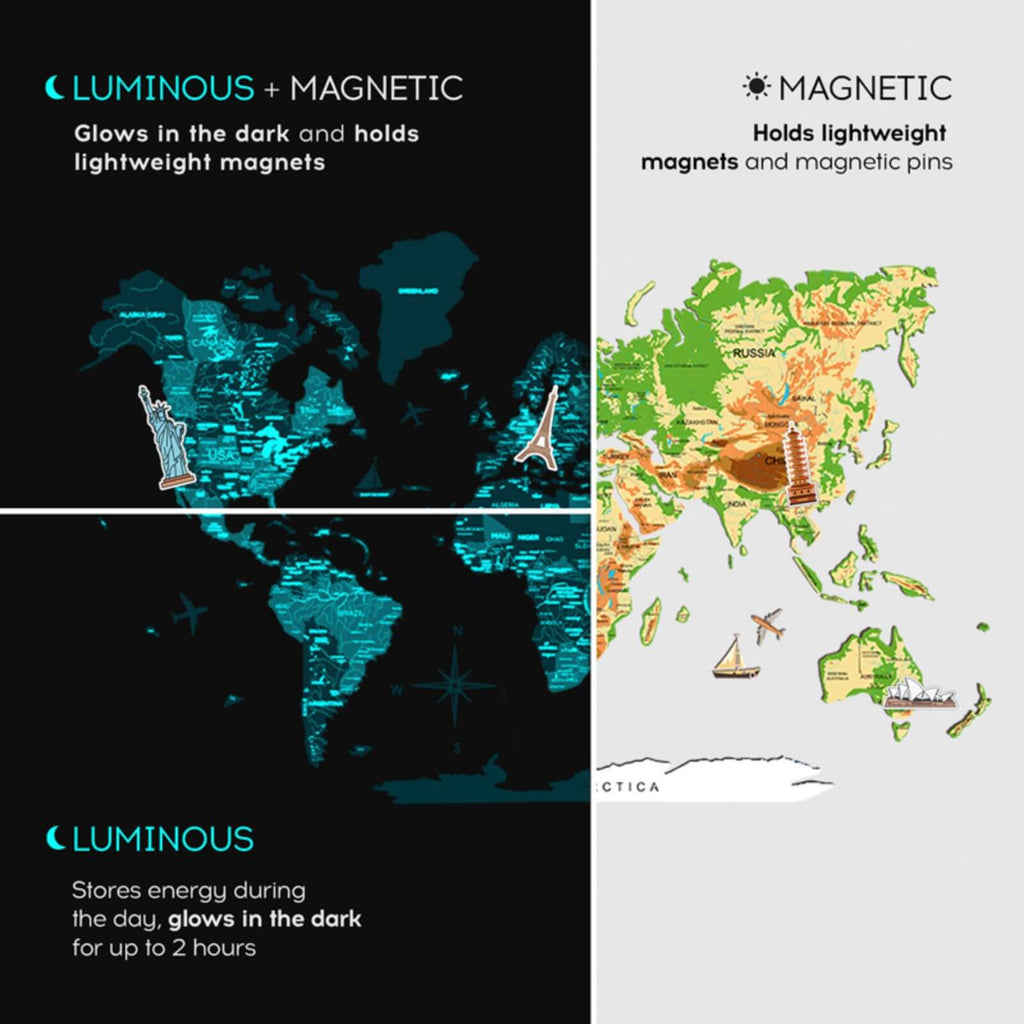 3D Luminous Colored Wooden World Map Physical Wall Decor