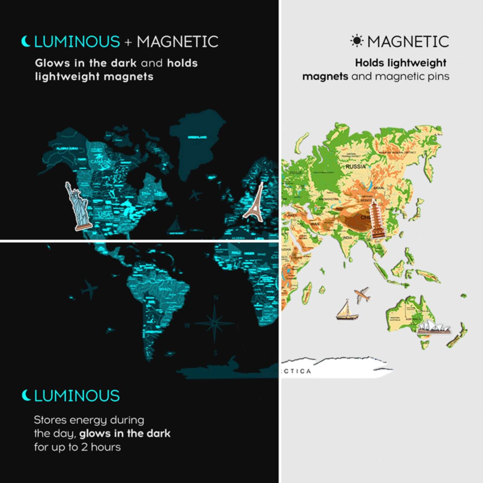 3D Luminous Colored Wooden World Map Physical Wall Decor