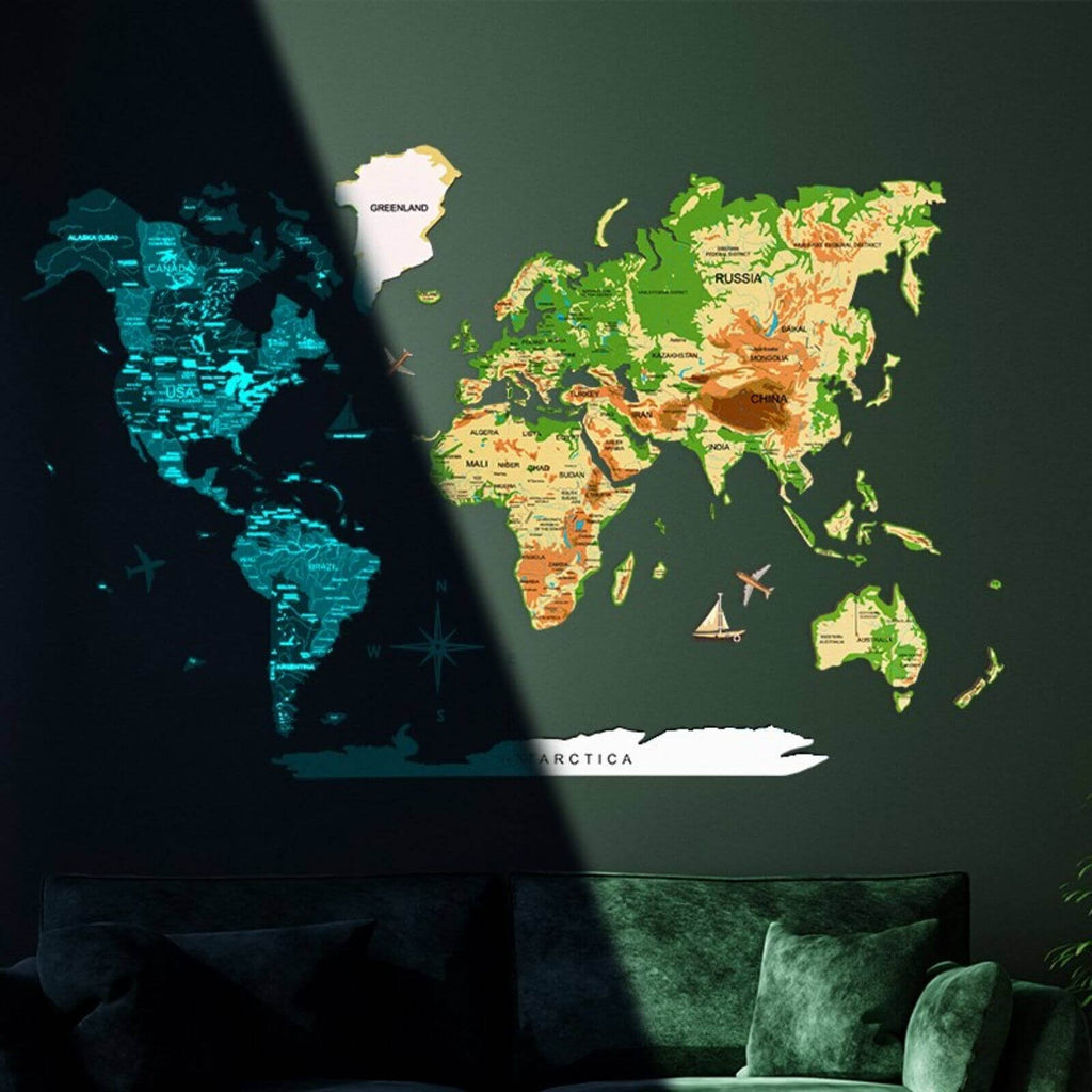 3D luminous wooden world map with colorful details displayed on a bedroom wall