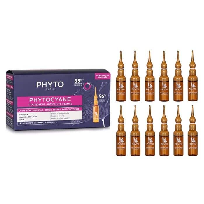 PHYTO PHYTOCYANE Revitalizing Treatment for Women purple and amber packaging with 12 vials