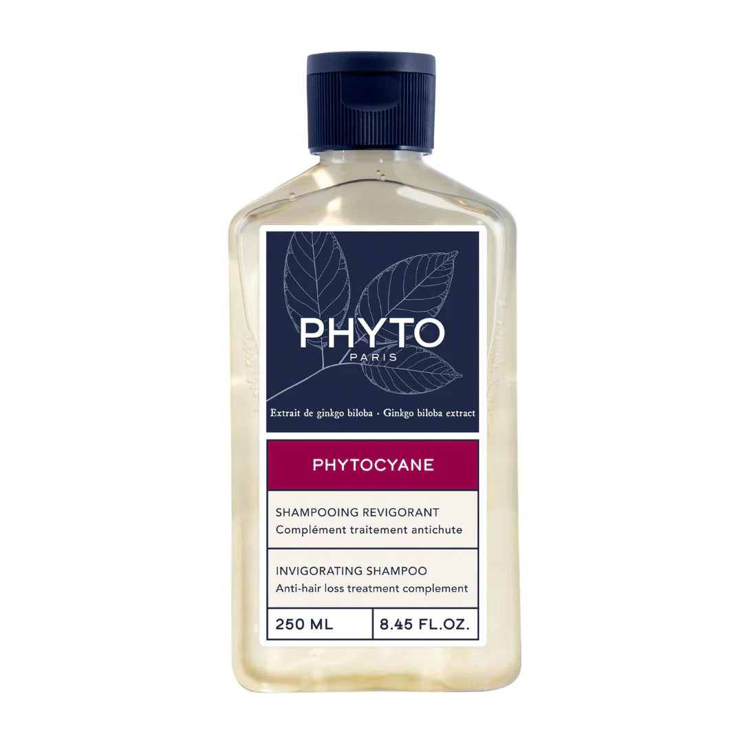 Bottle of PHYTOCYANE Women Invigorating Shampoo 8.5 OZ, a French-made rosemary and ginkgo biloba hair care formula.