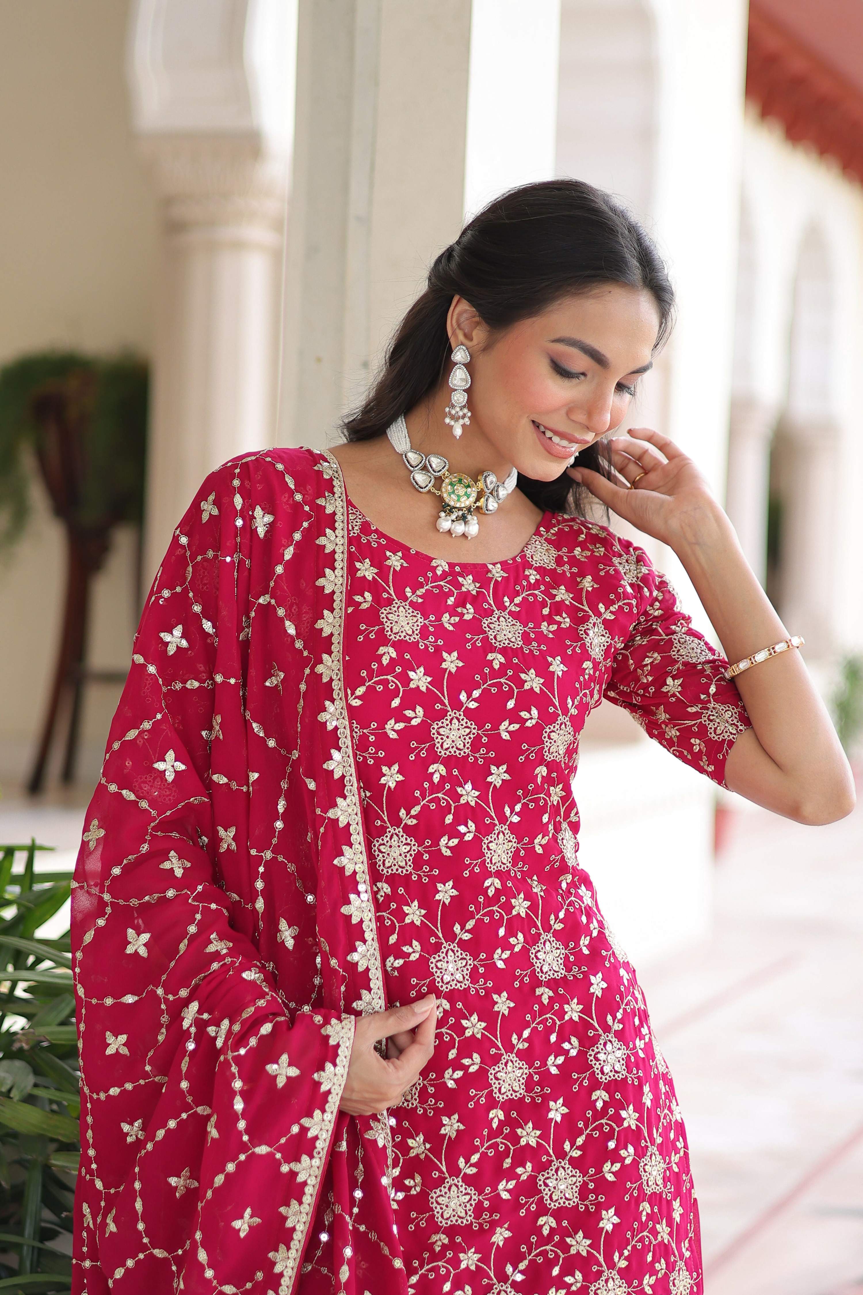 Pink Sequined Georgette Kurta Set with Ready-to-Wear Design