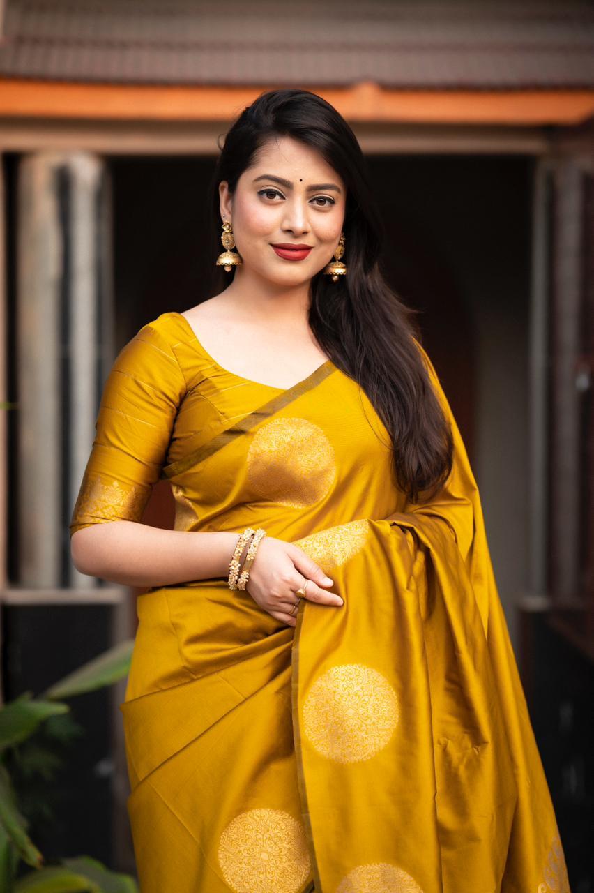 Mustard Silk Woven Saree with Zari Butta and Unstitched Blouse