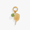 Gold and lime green crystal pickleball charm with spring-ring closure