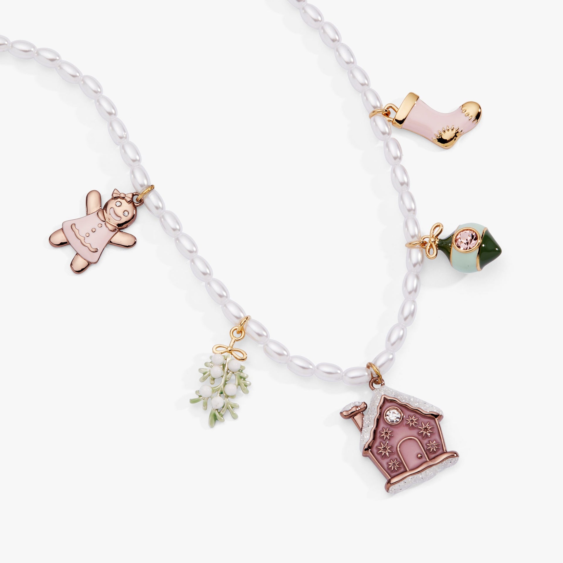 Pink Christmas Beaded Charm Necklace with Festive Enamel Accents
