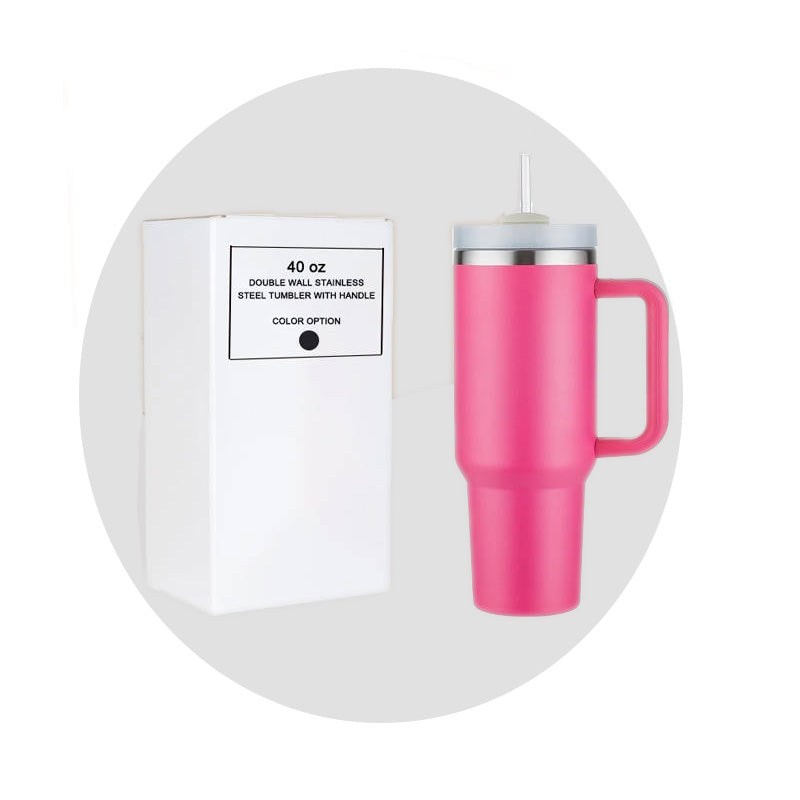 40oz Hot Pink Travel Tumbler with Handle and Leak-Resistant Lid