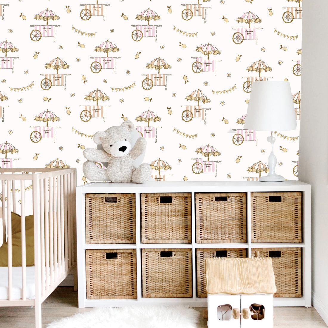 Sip wallpaper design by Eva Catherina shown on a bedroom wall