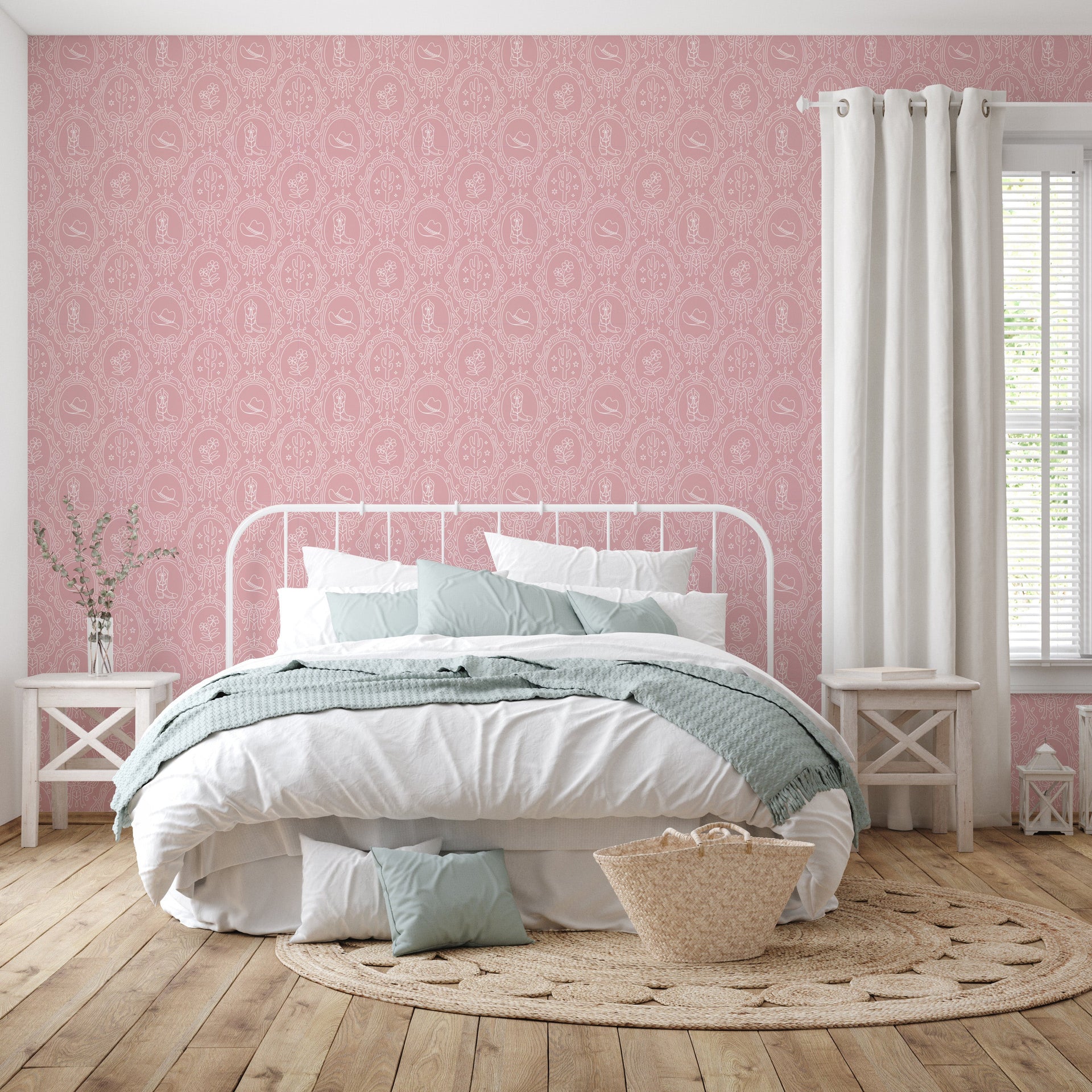 Laramie Wallpaper in Pink, Blue and Sage-Green Western-Whimsy