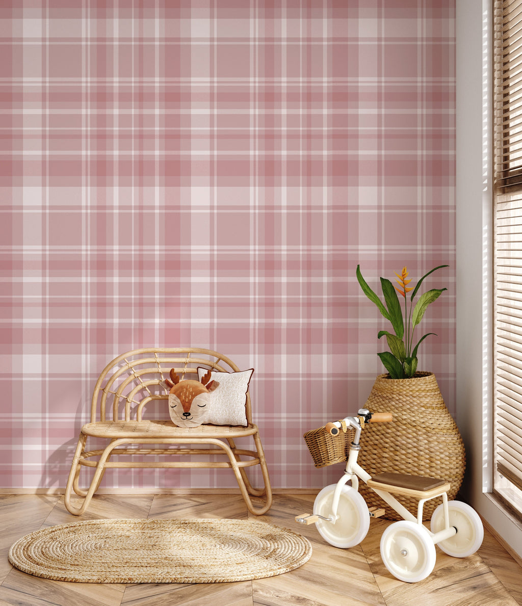 Classic Plaid Wallpaper in Blue-Grey, White, Pink, and Yellow