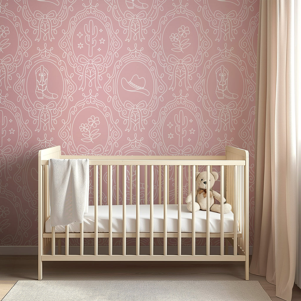Laramie Wallpaper in Pink, Blue and Sage-Green Western-Whimsy