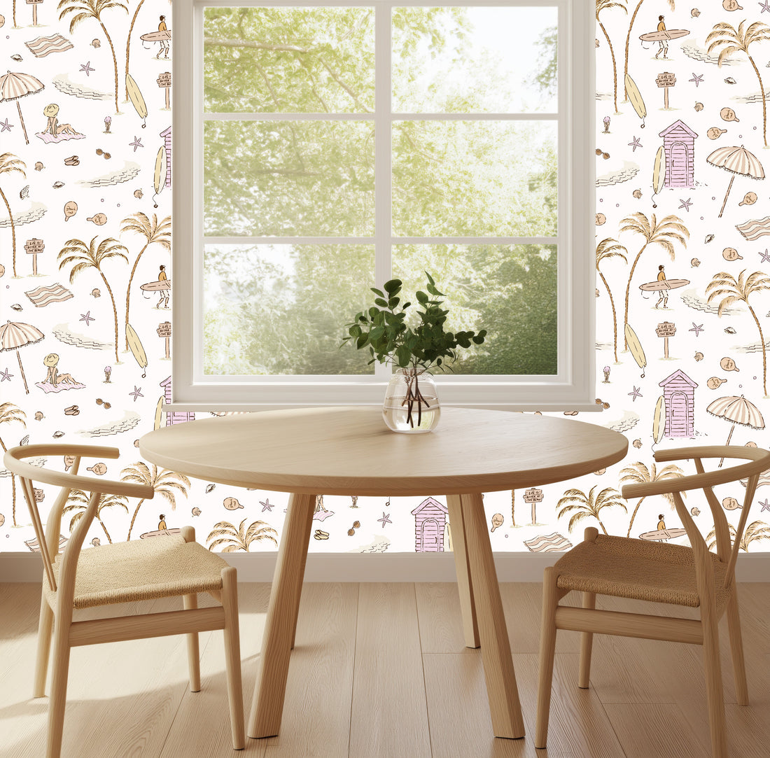 Reef Coastal Wallpaper in Sage-Green, Tan, and Pastel-Pink
