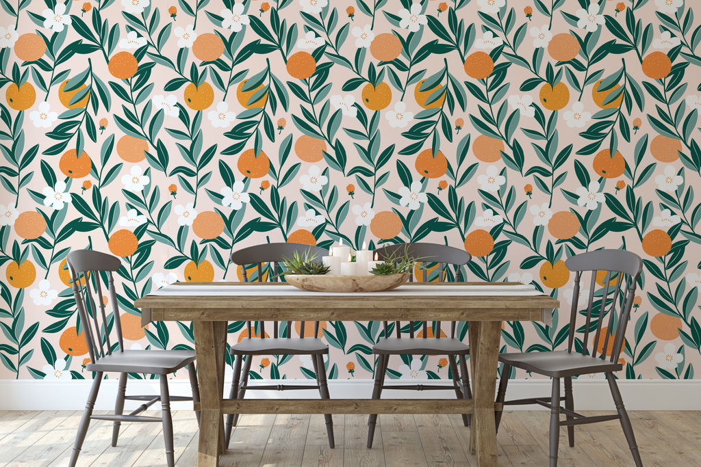 Talia Floral Removable Wallpaper in Orange, Green, and Cream