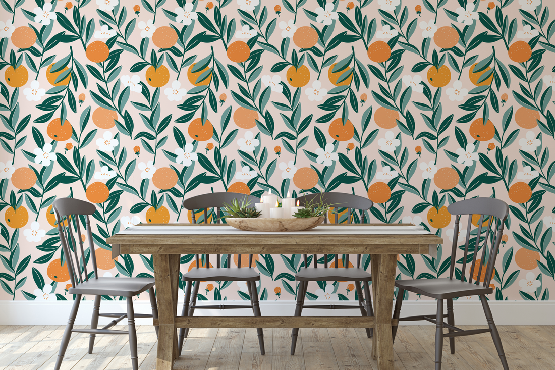 Talia Floral Removable Wallpaper in Orange, Green, and Cream