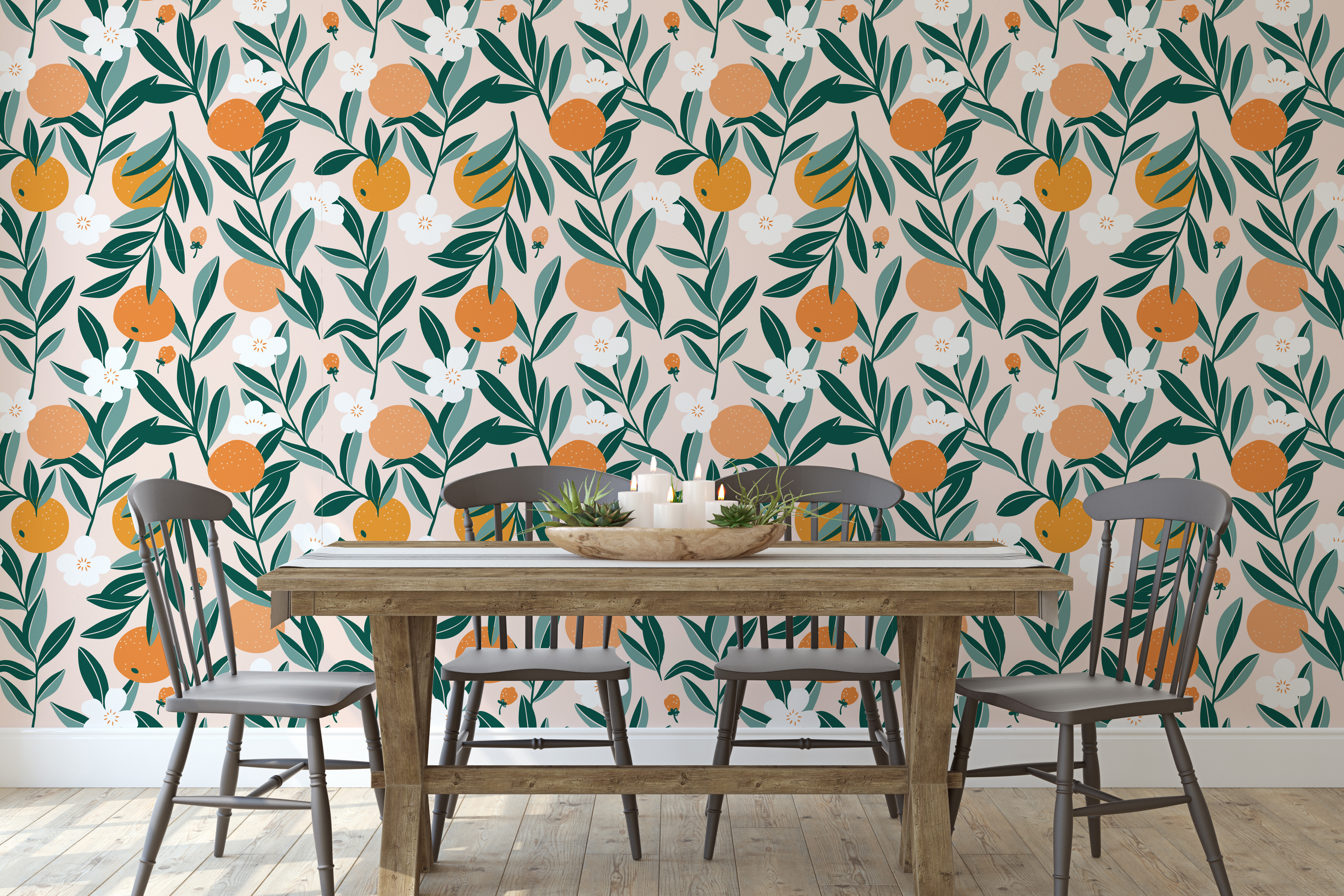Talia Floral Removable Wallpaper in Orange, Green, and Cream