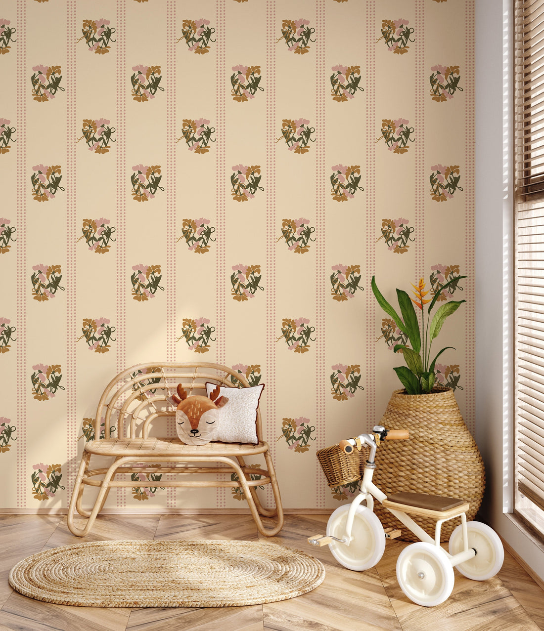 Kate Floral Wallpaper in Cream, Muted-Pink, Sage-Green, and Tan