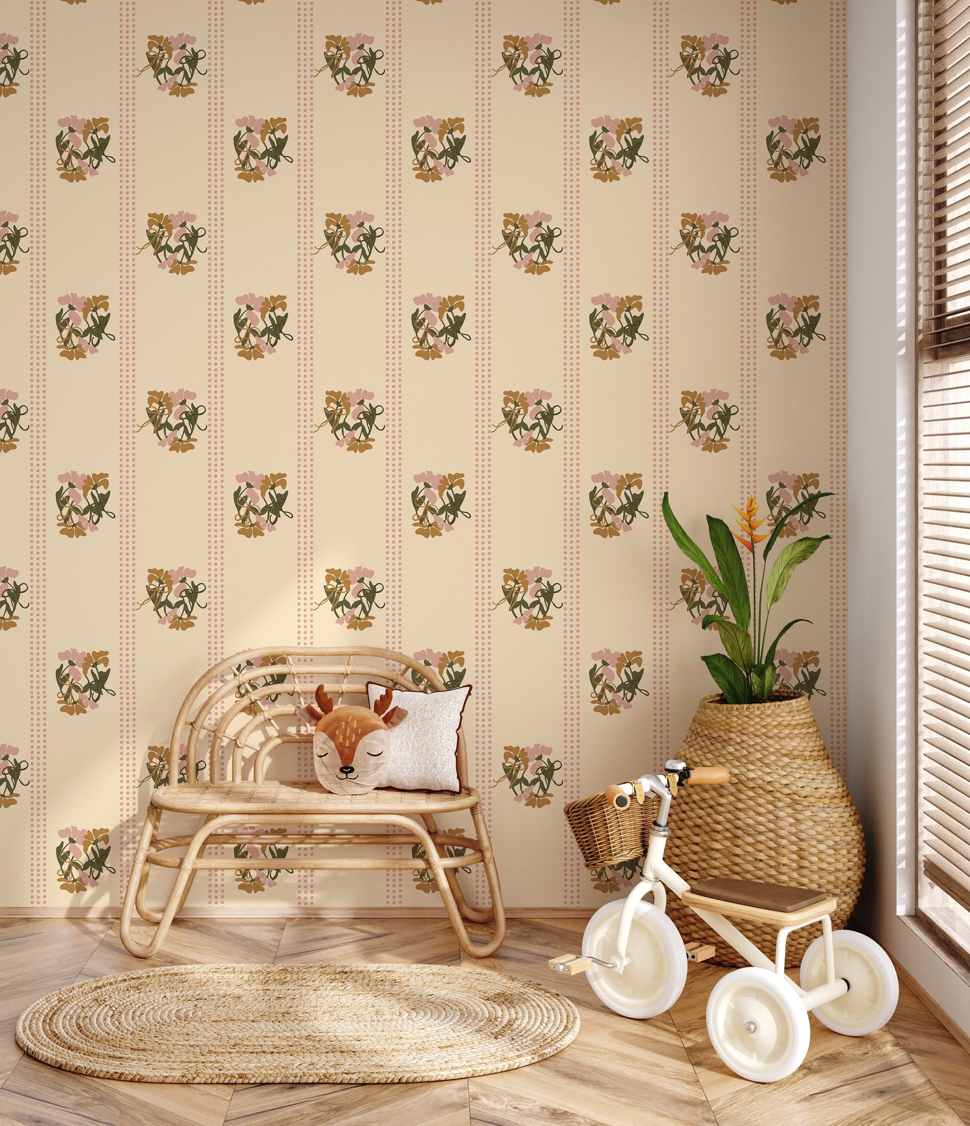 Kate Floral Wallpaper in Cream, Muted-Pink, Sage-Green, and Tan