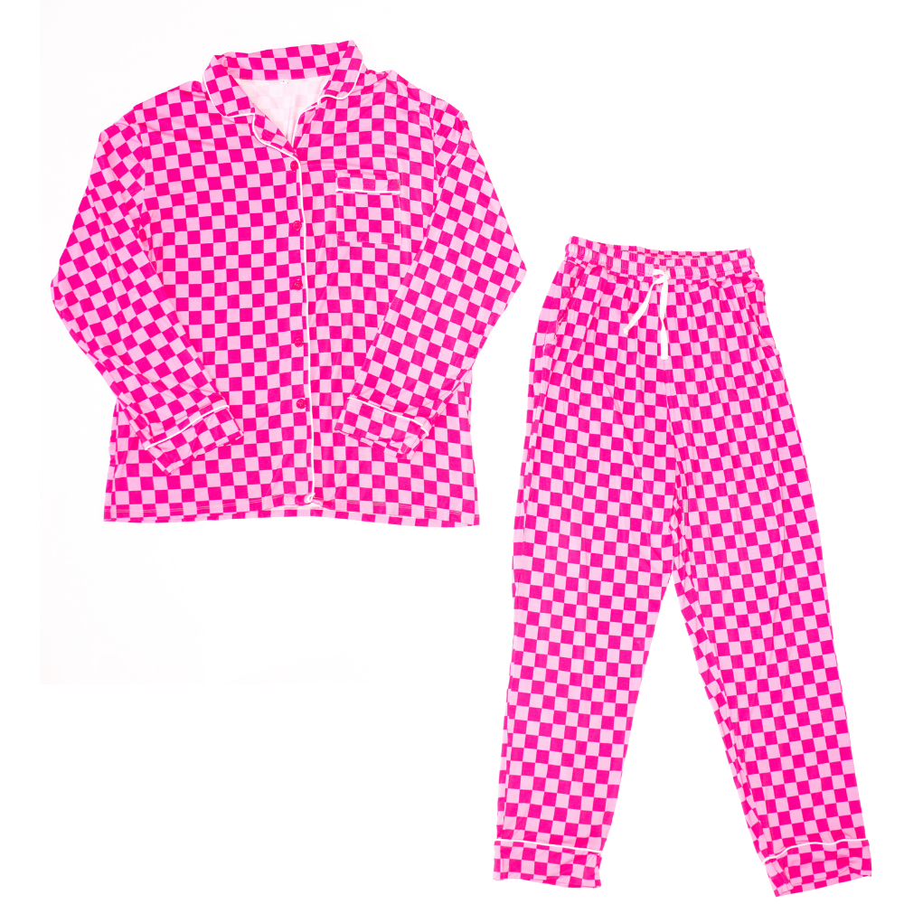 Women's Pink Checkerboard Button-Up Pajama Set - Image 4