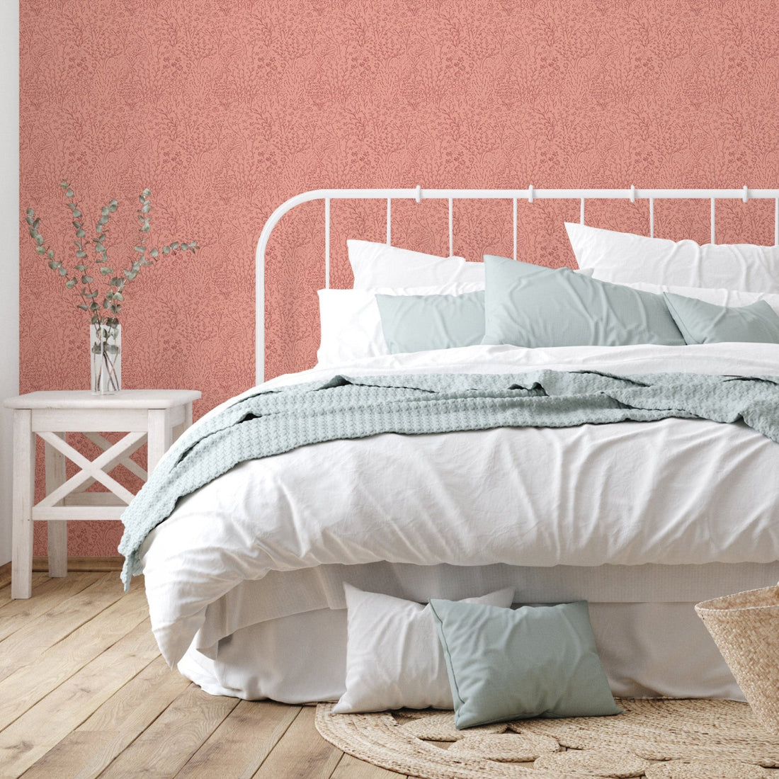 Detail shot of Adley floral pattern wallpaper in pink and light blue